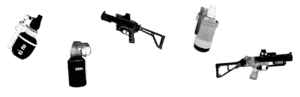 fond blanc avec 5 dessins d'armes de la police, dont 3 grenades et deux lanceurs.